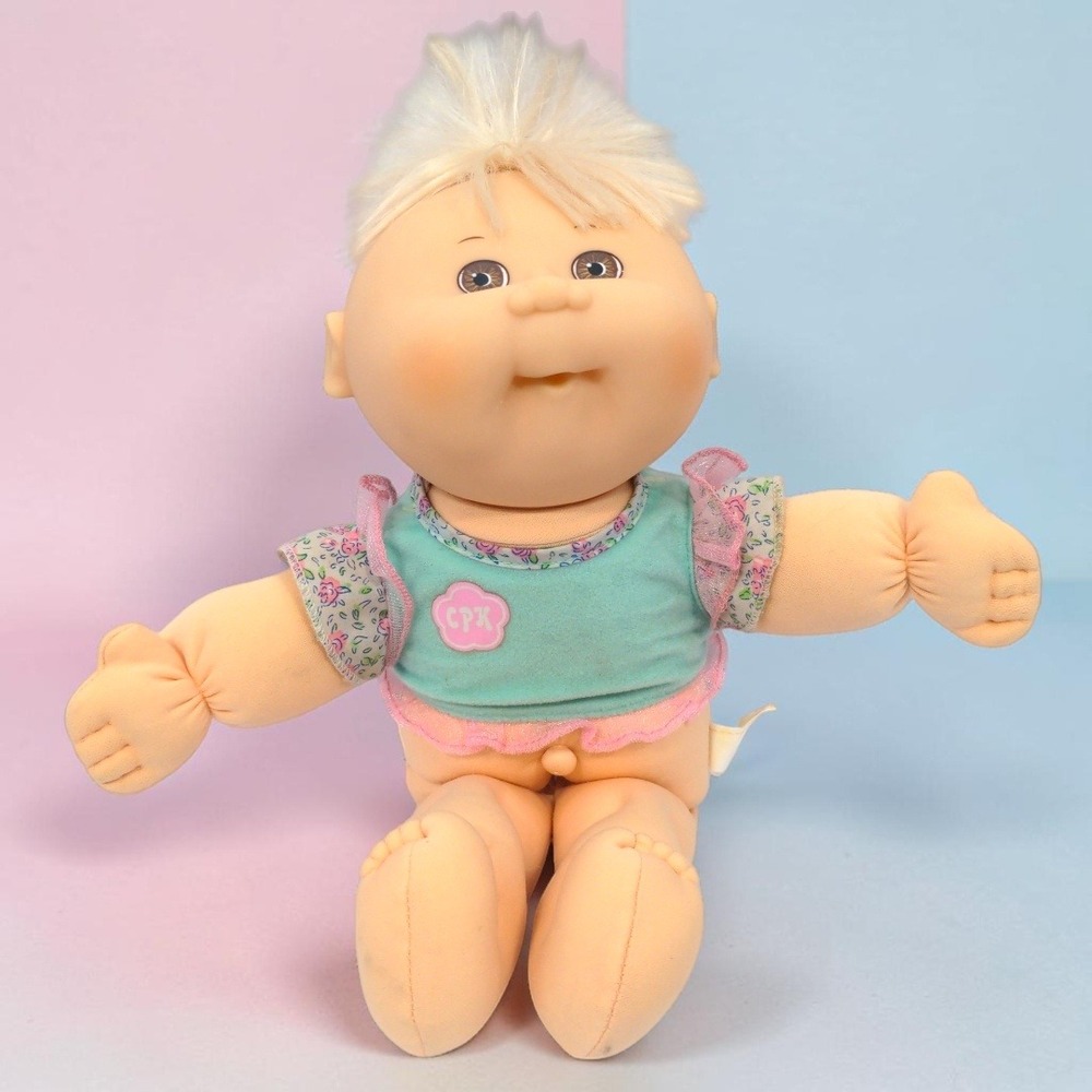 VTG 80s Mattel Cabbage Patch Kids Baby Doll Blonde Brown Eyes Aqua Top 1988 CPK